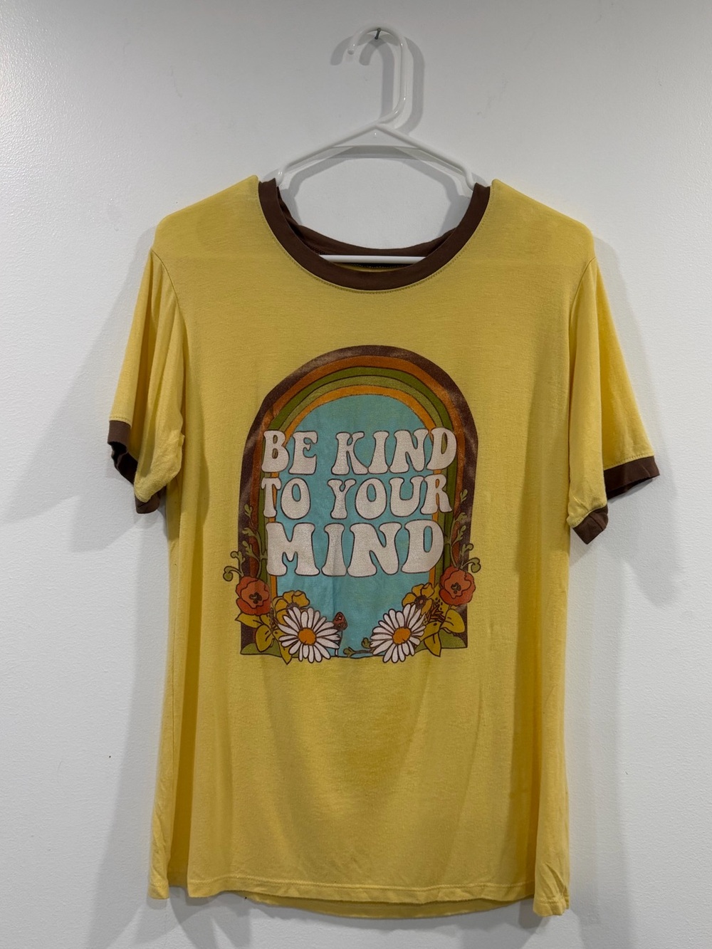 “Be Kind To Your Mind” Yellow and Brown Distressed Women’s Tee